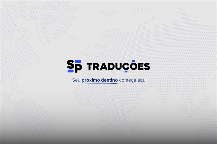 Novo logotipo da SP Traduções sobre um mapa-múndi, com o slogan Seu próximo destino começa aqui