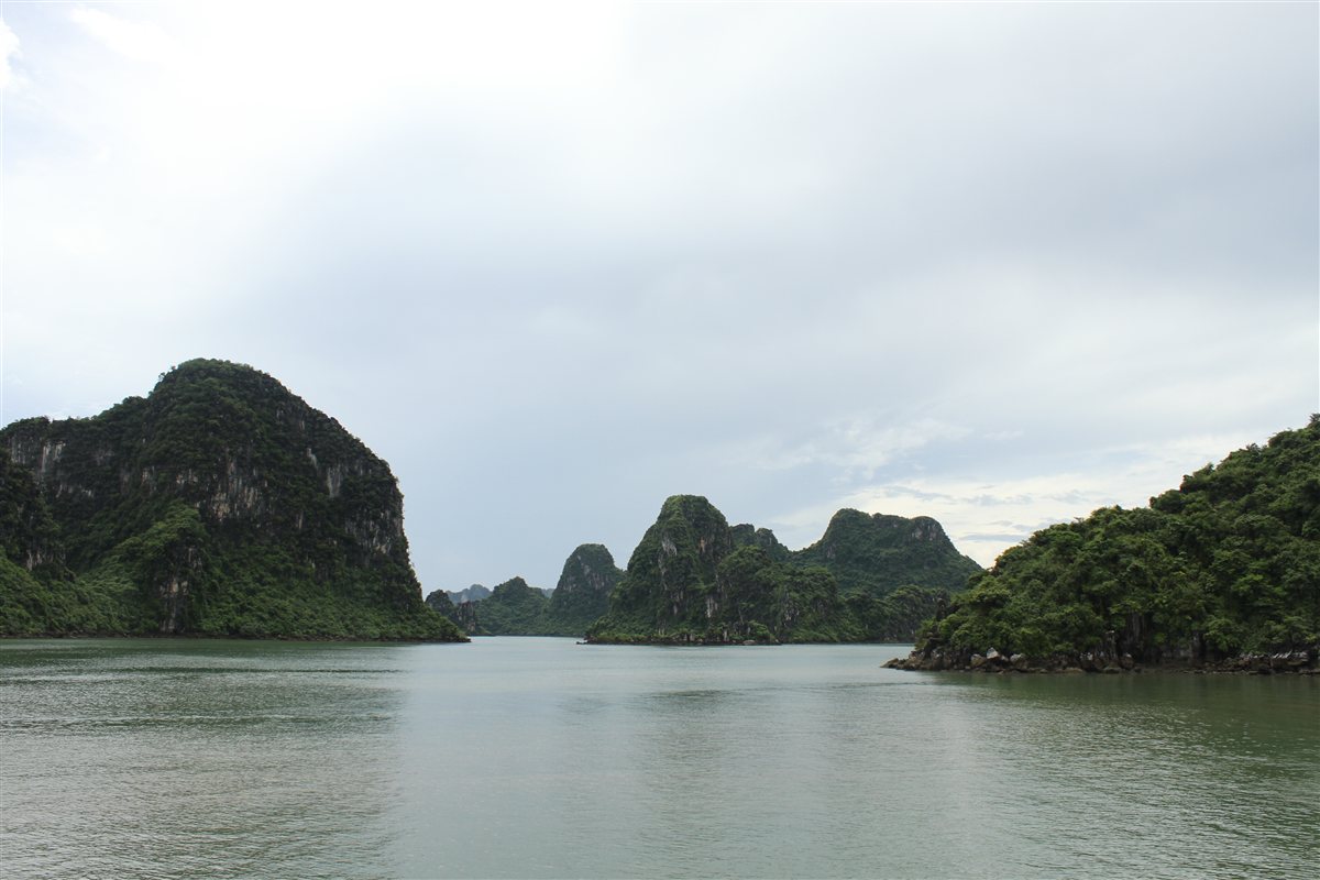 Baía de Ha Long, no Vietnã, com formações rochosas cobertas de vegetação emergindo do mar
