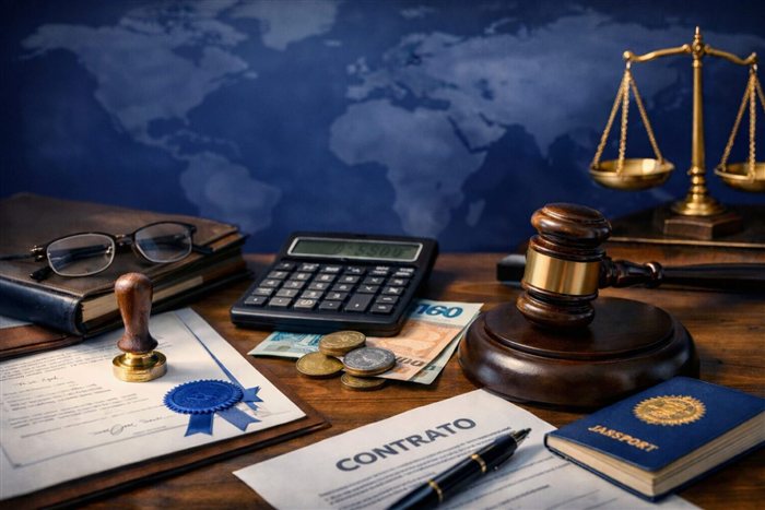 Documentos e calculadora sobre a mesa