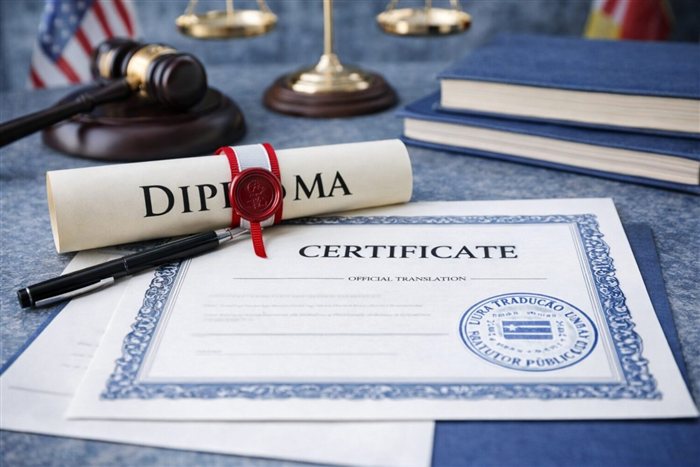 Diploma e certificados acadêmicos sobre a mesa