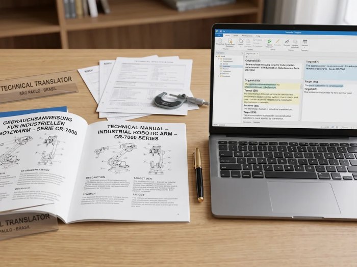 Manual técnico aberto ao lado de um notebook e instrumentos de medição