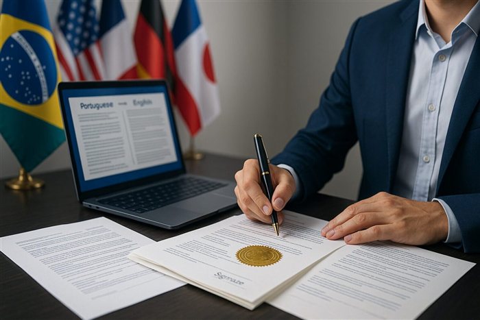 Tradutor trabalhando com documentos e carimbo oficial